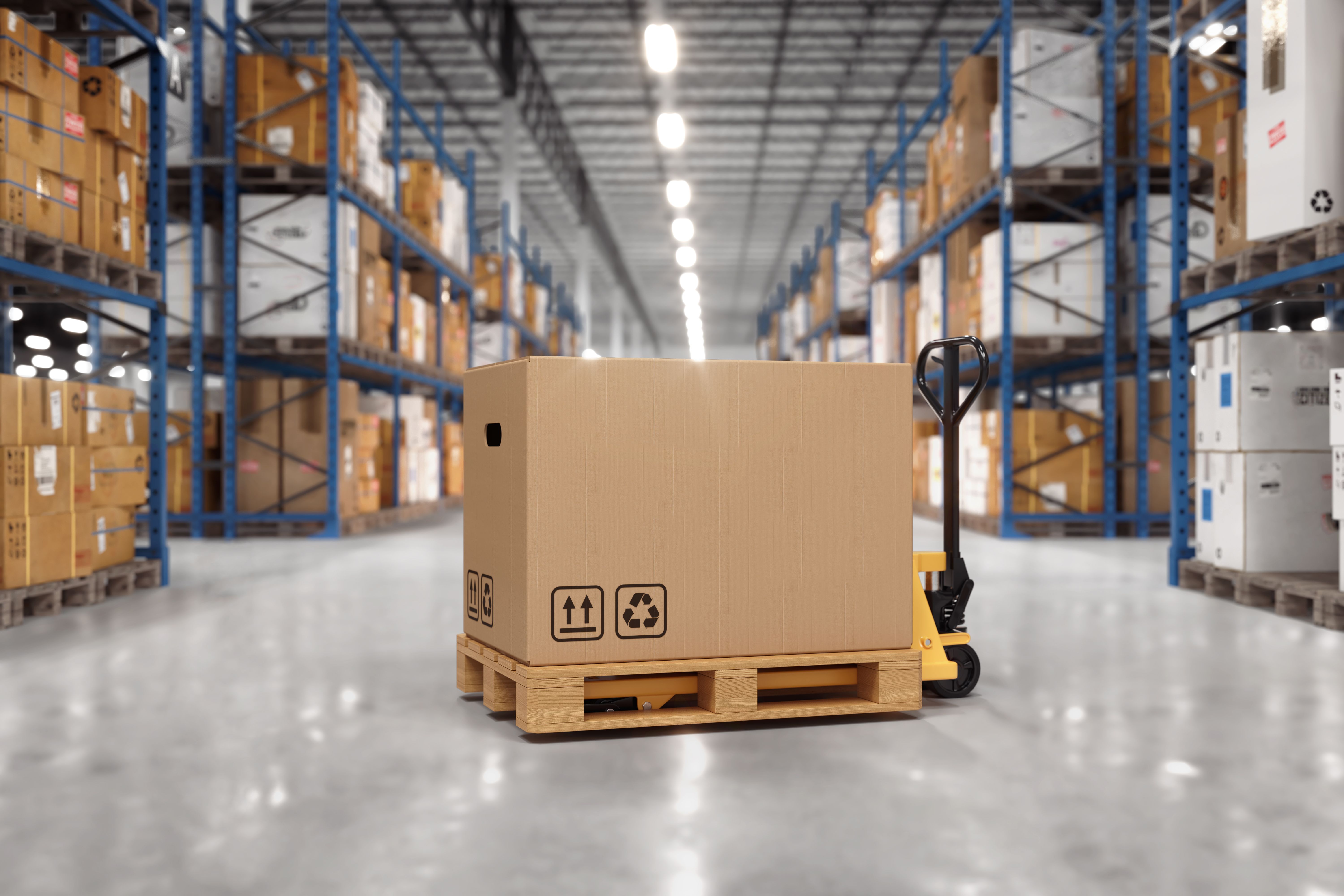 Warehouse with shelves and boxes