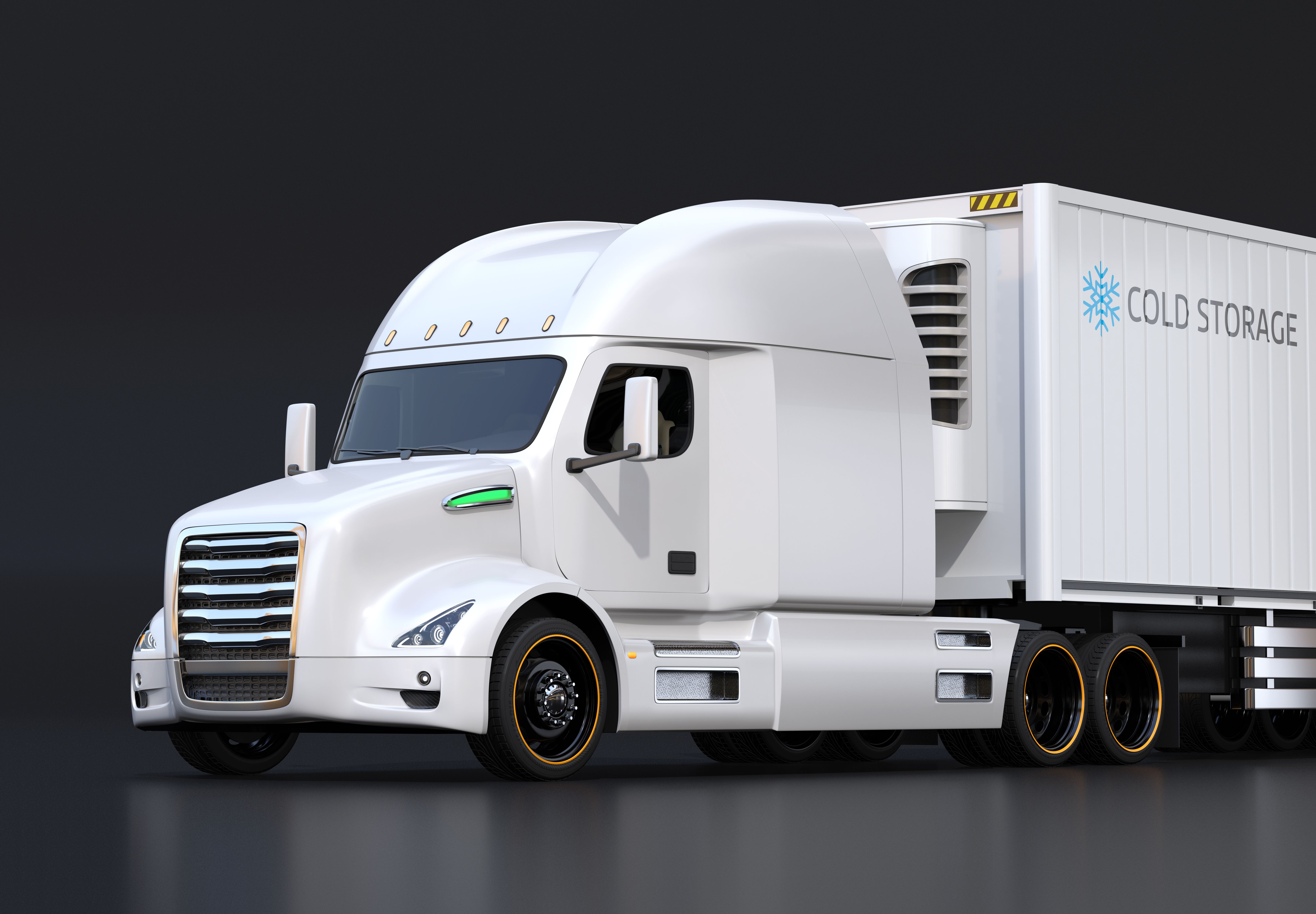 White fuel cell powered heavy truck with reefer container on black background